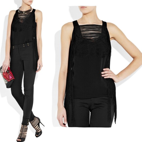 GUCCI TOP BLACK SILK LONG FRINGE SLEEVELESS sz IT 42 US 6 - Picture 1 of 14